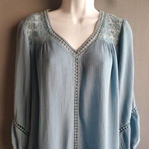"Passport" Long Sleeve Blue Blouse - Size M